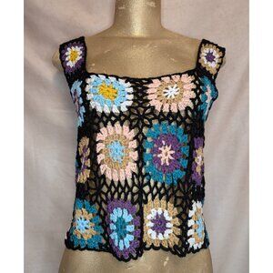 Rebellion Again Crochet Granny Square Tank S Black Colorful Boho Festival Sheer